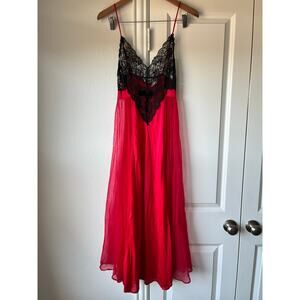 Vintage Adonna Small Red/Black Nylon Lace Chiffon Long Nightgown Lingerie Sexy